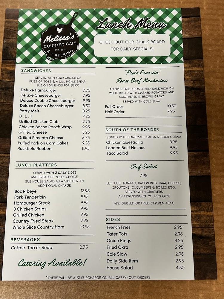 Melissa's Country Cafe Menu